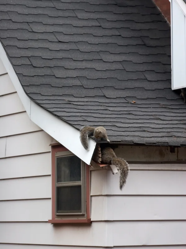 A squirrel squeezing through a roof opening, a common cause of attic infestations. We remove squirrels from attics and ensures entry points are sealed to prevent re-entry.