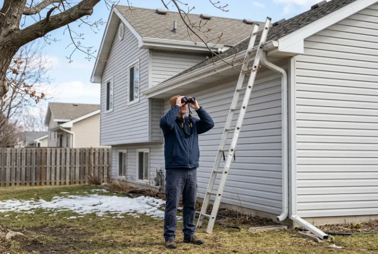 Homeowner inspecting the roofline and soffits of a suburban home during a spring wildlife prevention check.