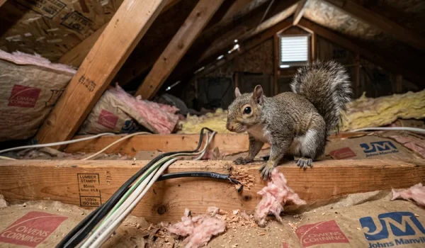 Gray squirrel inside a residential attic near exposed electrical wiring and insulation.
