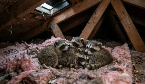 Baby raccoon kits nesting in attic insulation inside a residential roof space in Southern Ontario.