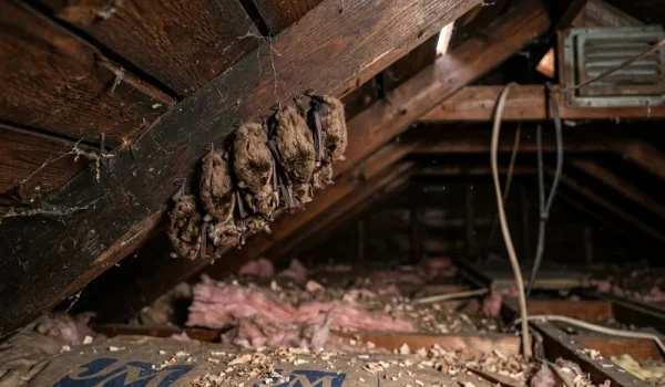 Small colony of bats roosting upside down on wooden rafters inside a residential attic in Ontario.