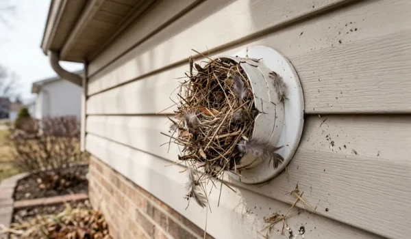 Bird nest built inside a residential dryer vent opening on the exterior wall of a house.
