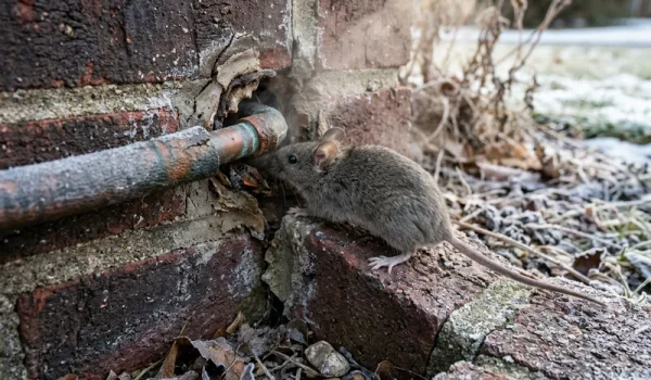 House mouse entering a small gap in a brick home foundation near a utility pipe.