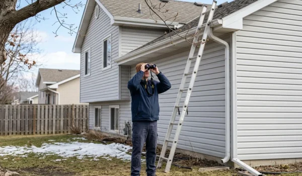 Homeowner inspecting the roofline and soffits of a suburban home during a spring wildlife prevention check.