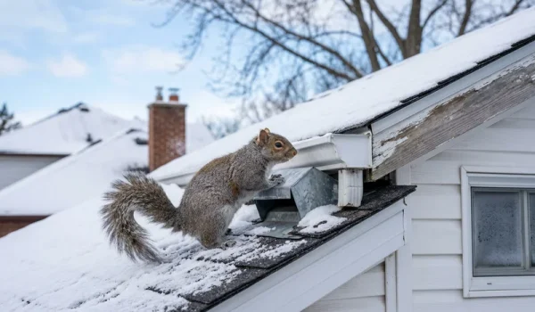 Gray squirrel standing on a snow-covered house roof near a vent while searching for a warm attic entry point during winter.